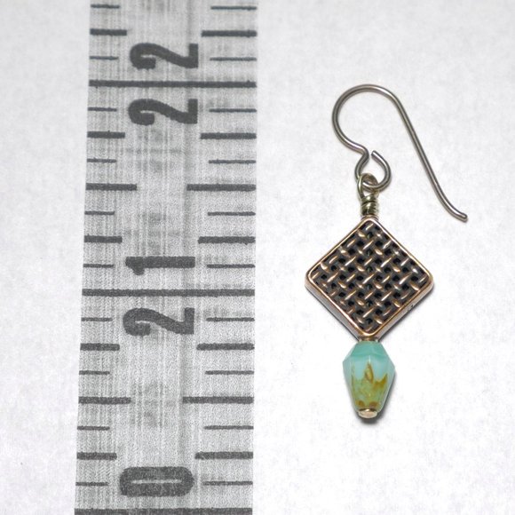 Hand Crafted Handmade Earrings Woven Copper Beads Aqua Czech Glass Beads - Picture 4 of 5